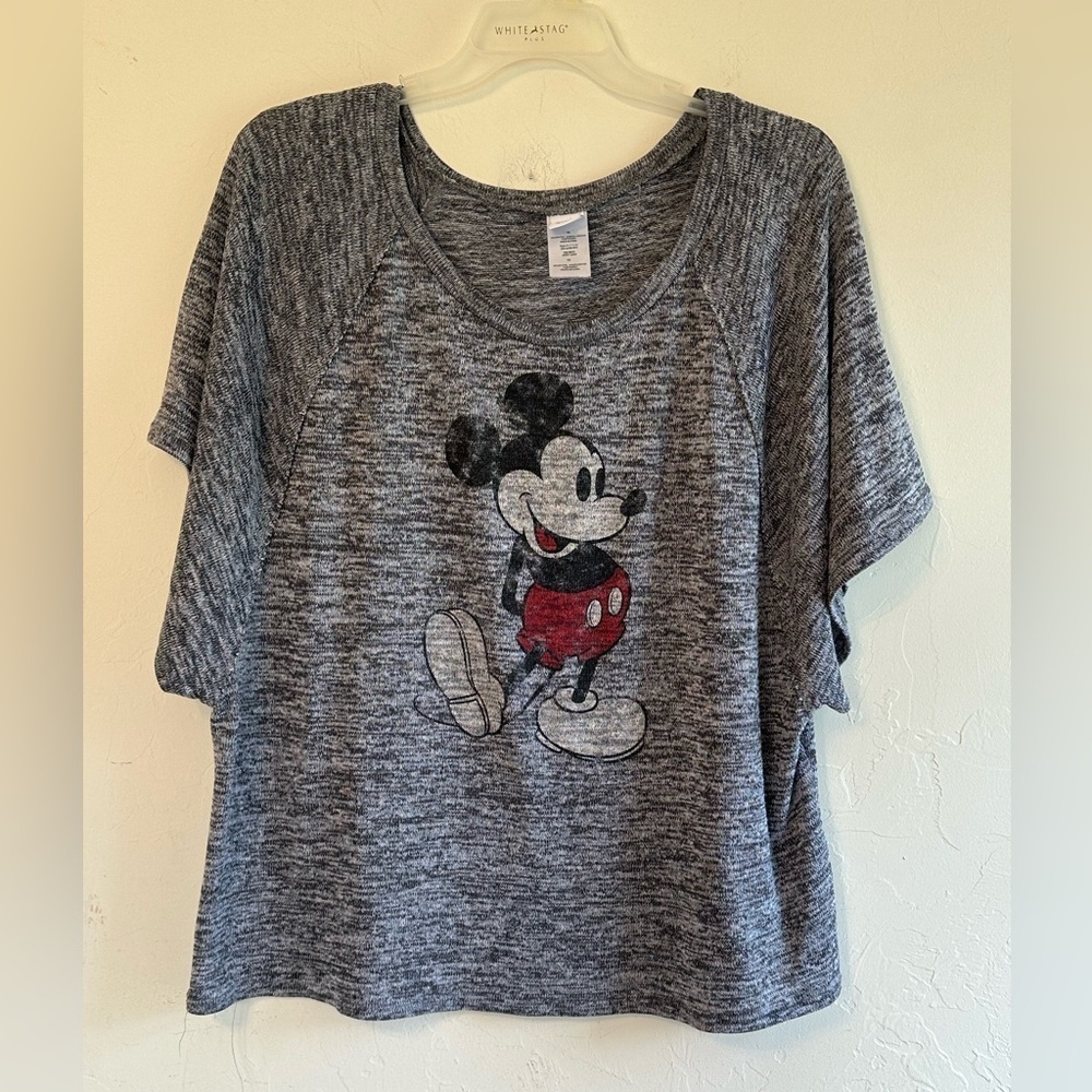 Disney Mickey Mouse Heather Gray Stretchy Wide Sleeves Comfy Knit Top Sz 1X